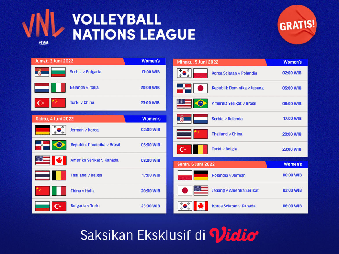 Live Streaming Volleyball Nations League (VNL) 2022 GRATIS di Vidio