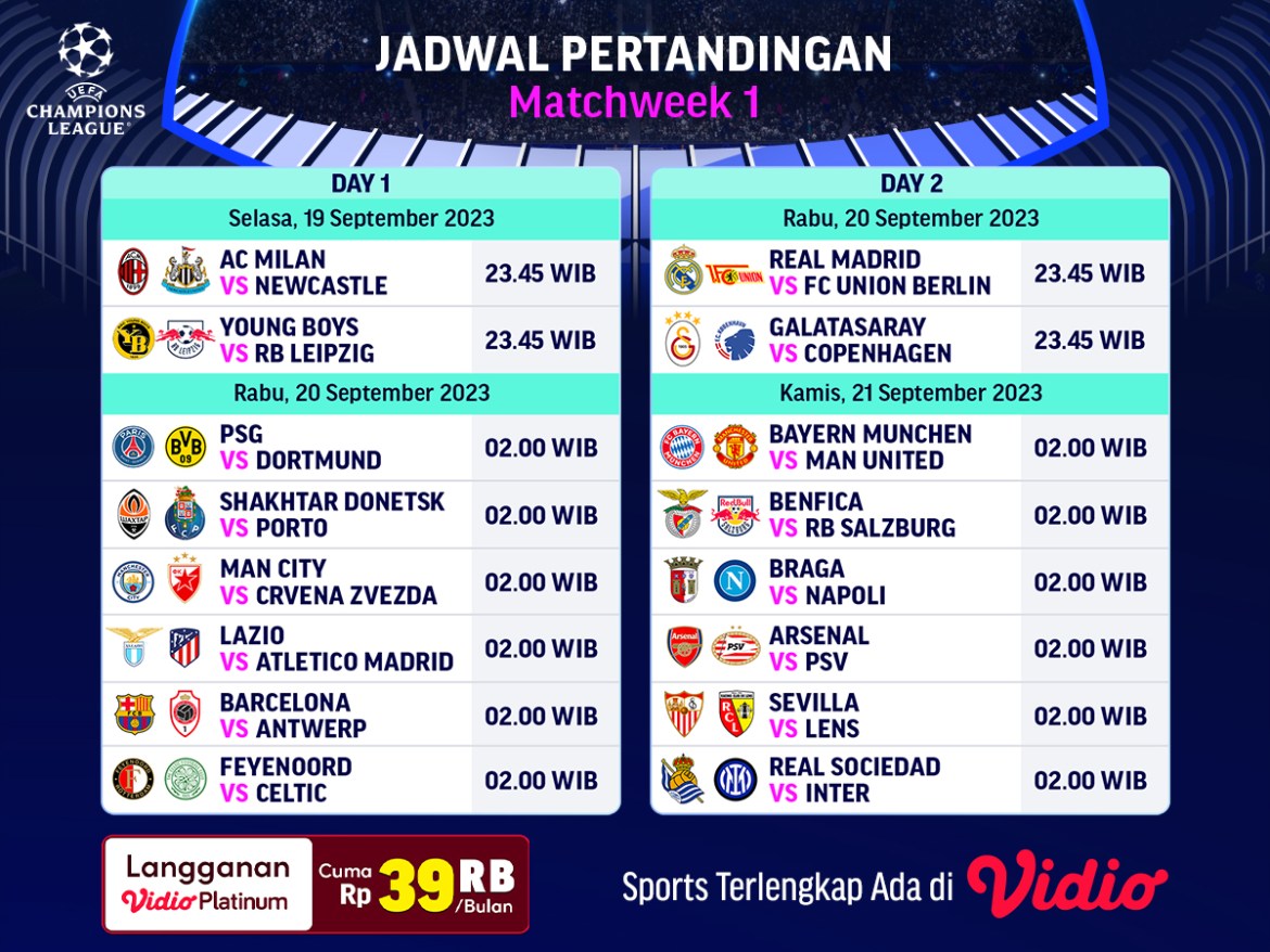 jadwal liga champions matchweek 1