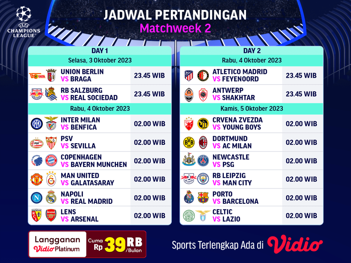 Jadwal link streaming UCL Pekan Kedua