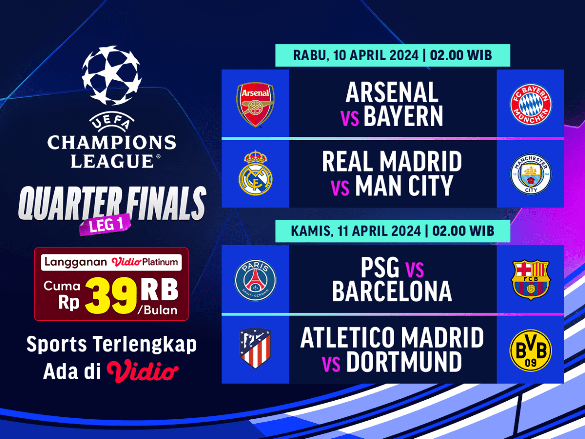 Jadwal dan Link Steaming Liga Champions perempat final Leg 1 2024