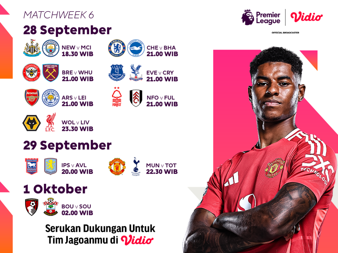Jadwal Live Streaming Premier League Matchweek 6 di Vidio Akhir Pekan Ini