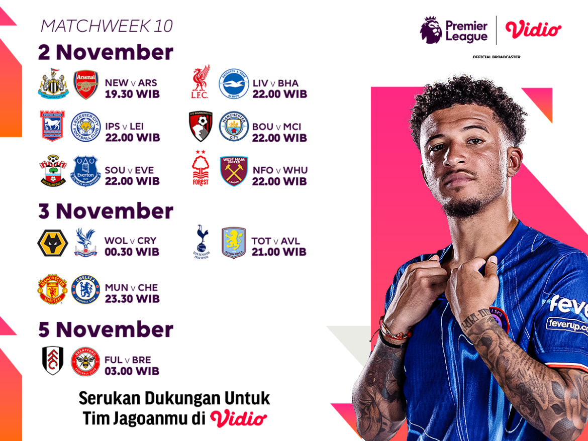 jadwal dan siaran langsung liga inggris matchweek 10