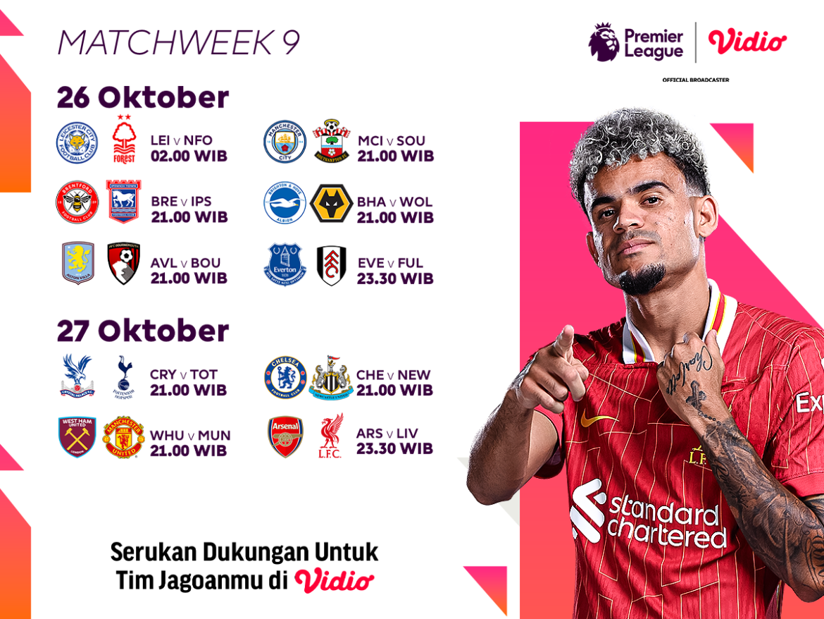 jadwal dan siaran langsung liga inggris matchweek 9