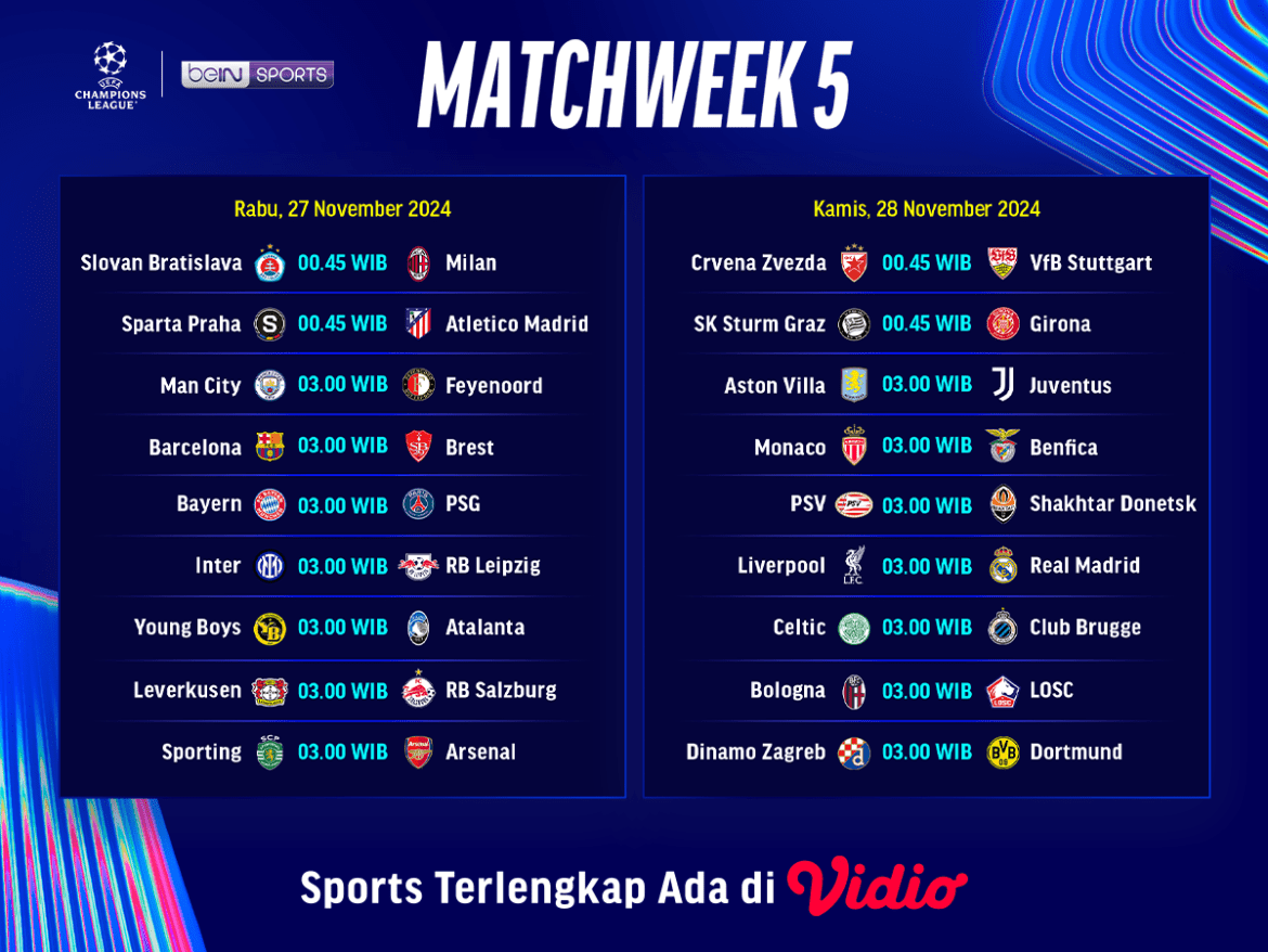 jadwal dan siaran langsung liga champion matchweek 5
