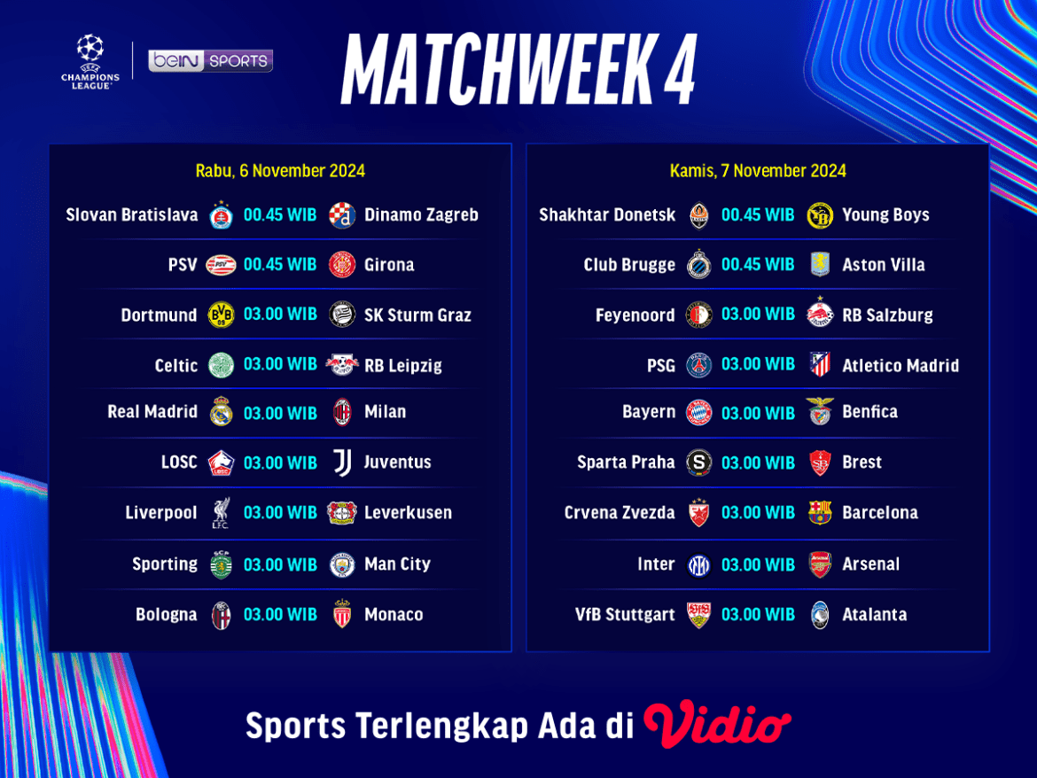 Jadwal dan siaran langsung liga champion matchweek 4