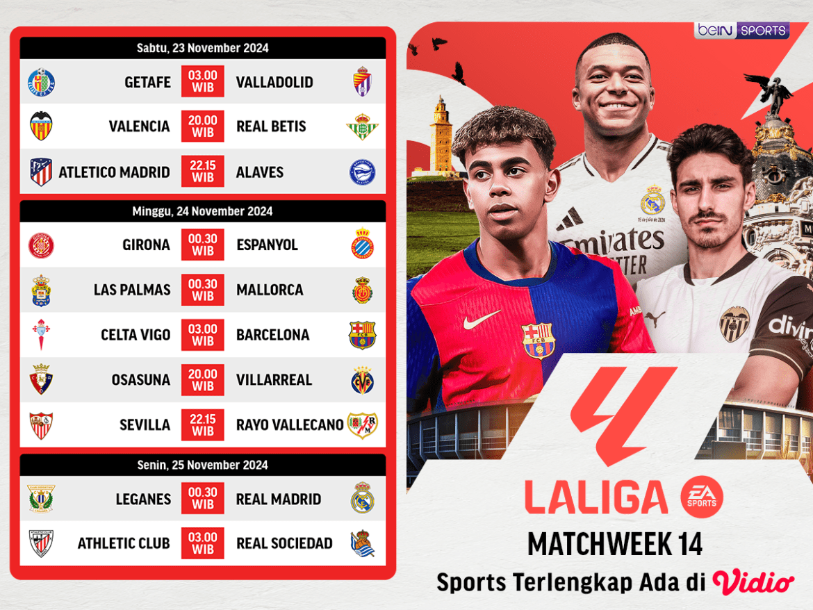 jadwal dan siaran langsung liga spanyol matchweek 14