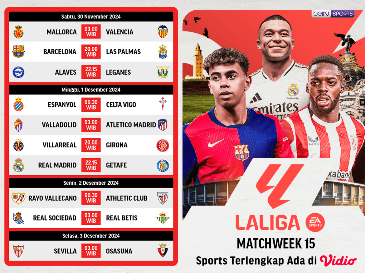 jadwal dan siaran langsung Liga Spanyol matchweek 15